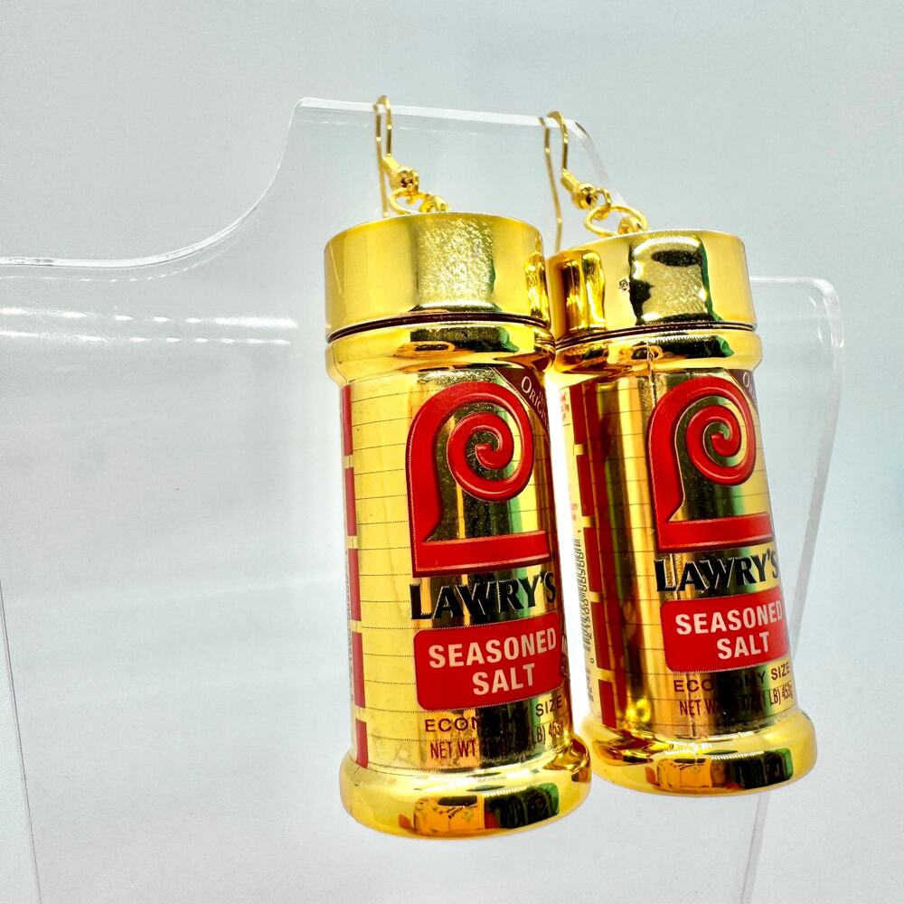 Gold Lawry’s Seasoning Earrings - Metallic Spice Dangles - Bold Foodcore Flair - Picture 7 of 8